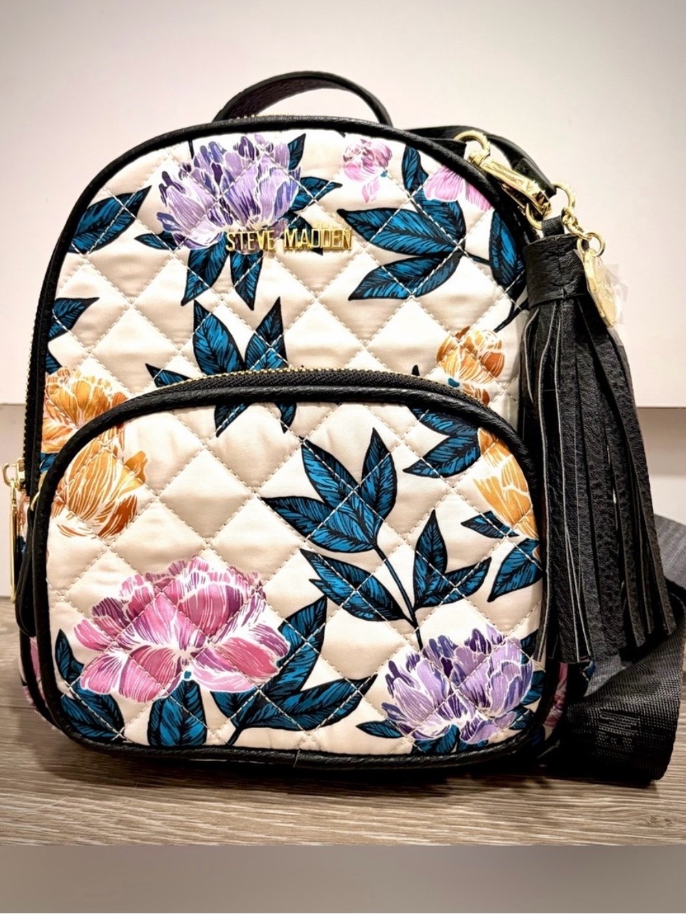 Steve Madden Cream Quilted Floral Backpack with Black Trim